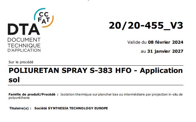 Renewal of our avis technique in france of the polyurethane spray s-383 hfo for floors.